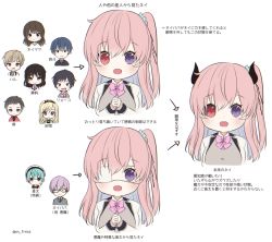 Rule 34 | black sclera, blonde hair, brown hair, chibi, colored sclera, demon girl, demon horns, heterochromia, horns, japanese text, light purple hair, nei (os), one side up, open mouth, original, os (os fresa), pink hair, purple eyes, red eyes, souta (os), translated