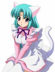 Rule 34 | 1990s (style), animal ears, apron, blush, bow, canal volphied, cat ears, collar, dress, green hair, highres, long hair, lost universe, maid, maid apron, purple eyes, thighhighs, uniform, vector trace