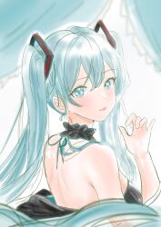 Rule 34 | 1girl, 7xgyvvjxwf6jp2y, aqua eyes, aqua hair, bare back, bare shoulders, black dress, dress, from behind, hatsune miku, highres, long hair, looking at viewer, parted lips, sleeveless, sleeveless dress, solo, twintails, very long hair, vocaloid