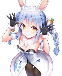 Rule 34 | :&gt;, absurdres, animal ear fluff, animal ears, bare shoulders, black gloves, black pantyhose, blue hair, braid, breasts, carrot hair ornament, cleavage, closed mouth, detached sleeves, dutch angle, food-themed hair ornament, from above, fur-trimmed gloves, fur trim, gloves, hair ornament, highres, hololive, leotard, leotard under clothes, long hair, looking at viewer, mogmog, multicolored hair, orange eyes, pantyhose, puffy short sleeves, puffy sleeves, rabbit ears, rabbit girl, short sleeves, sidelocks, small breasts, smile, solo, standing, streaked hair, thick eyebrows, twin braids, twintails, usada pekora, usada pekora (1st costume), virtual youtuber, white hair