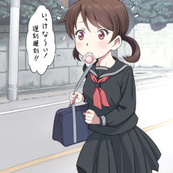 Rule 34 | 1girl, bag, black sailor collar, black serafuku, black skirt, brown hair, commentary request, condom, condom in mouth, condom wrapper, holding, holding bag, late for school, long sleeves, meow (nekodenki), mouth hold, original, outdoors, red eyes, road, running, sailor collar, school uniform, serafuku, short hair, short twintails, skirt, solo, speech bubble, street, translated, twintails