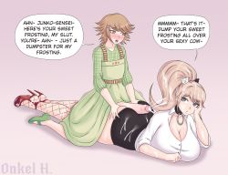Rule 34 | 1boy, 1girl, absurdres, age difference, ass, breasts, bukkake, buttjob, buttjob over clothes, cleavage, crossdressing, cum, cum on body, cum on breasts, cum on clothes, cum on hair, cum on upper body, danganronpa (series), dress, ejaculation, english text, enoshima junko, facial, fishnets, foreskin, fujisaki chihiro, green footwear, high heels, high ponytail, highres, large breasts, lying, miniskirt, no socks, on stomach, onkelhhh, phimosis, ponytail, sitting, sitting on person, skirt