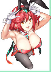 Rule 34 | 1girl, animal ears, black leotard, bow, bowtie, breasts, bunny day, chest jewel, fake animal ears, fishnet pantyhose, fishnets, highres, large breasts, leotard, pantyhose, playboy bunny, pyra (xenoblade), rabbit ears, red eyes, red hair, short hair, solo, strapless, strapless leotard, swept bangs, xenoblade chronicles (series), xenoblade chronicles 2, yakami (yakaminn)