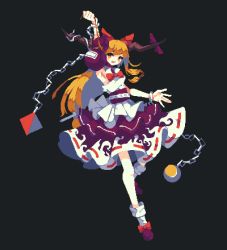 Rule 34 | 1girl, 4qw5, :d, black background, bow, chain, footwear bow, full body, gourd, hair bow, highres, holding, horns, ibuki suika, long hair, low-tied long hair, open mouth, orange eyes, orange hair, orb, pixel art, purple skirt, pyramid (structure), red bow, ribbon-trimmed skirt, ribbon trim, shirt, simple background, skirt, smile, socks, solo, torn clothes, torn sleeves, touhou, white shirt, white socks