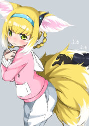 Rule 34 | 1girl, 1other, alternate costume, animal ears, arknights, blonde hair, blue hairband, blush, braid, braided hair rings, closed mouth, colored tips, commentary request, cowboy shot, doctor (arknights), earpiece, fox ears, fox girl, fox tail, green eyes, grey background, hair rings, hairband, highres, hood, hoodie, kitsune, kyuubi, multicolored hair, multiple tails, nasumikan (nodoame241), nose blush, pants, pink hoodie, short hair, simple background, solo focus, suzuran (arknights), tail, twin braids, two-tone hair, white hair, white pants