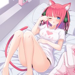 Rule 34 | 1girl, ;o, animal ear fluff, animal ears, bare legs, barefoot, bed, black ribbon, blanket, blue eyes, blush, breasts, cat ears, cat girl, cat tail, clock, clothes writing, english text, feet out of frame, go-toubun no hanayome, hair ribbon, hand up, heart, heart print, highres, indoors, kemonomimi mode, knees up, looking at viewer, lying, medium breasts, nakano nino, no pants, on back, on bed, one eye closed, parted lips, pillow, print shirt, profnote, red hair, ribbon, rubbing eyes, shirt, short sleeves, sleepy, solo, tail, two side up, waking up, white shirt