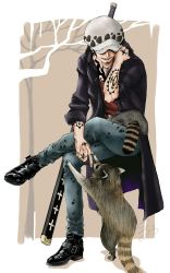 Rule 34 | 1boy, black footwear, black hair, commentary request, covered eyes, crossed legs, hat, highres, jacket, kuromitsu (erup8438), male focus, on lap, one piece, open mouth, playing, raccoon, short hair, sitting, smile, sword, tattoo, trafalgar law, weapon