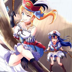 Rule 34 | 10s, 2girls, ayase eli, blonde hair, blue eyes, blue hair, blush, boat, boots, closed mouth, clothes around waist, commentary request, dress, fingerless gloves, from above, gloves, hair between eyes, hat, jacket, jacket around waist, jolly roger, long hair, looking at viewer, love live!, love live! school idol festival, love live! school idol project, multiple girls, navel, necktie, one eye closed, open mouth, pirate, pirate hat, ponytail, red neckwear, skirt, skull and crossed swords, sonoda umi, standing, strapless, strapless dress, striped, urutsu sahari, watercraft, yellow eyes