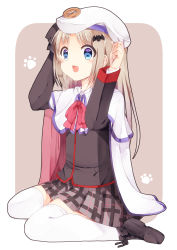 Rule 34 | 1girl, absurdres, bat hair ornament, beret, black footwear, blue eyes, boots, bow, cape, full body, hair ornament, hat, highres, hikono, little busters!, looking at viewer, noumi kudryavka, open mouth, paw print, pink bow, plaid, plaid skirt, pleated skirt, school uniform, silver hair, sitting, skirt, solo, thighhighs, wariza, white thighhighs