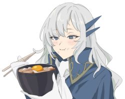 Rule 34 | 1boy, argalia (project moon), ascot, blue cape, blue eyes, blue jacket, blush, bowl, cape, chopsticks, collared cape, eating, egg (food), food, food on face, gloves, grey hair, gyuudon, hair between eyes, hair ornament, highres, holding, holding bowl, holding chopsticks, jacket, library of ruina, long hair, male focus, mu46016419, project moon, simple background, smile, solo, upper body, wavy hair, white ascot, white background, white gloves