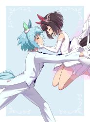 Rule 34 | 2girls, :d, absurdres, animal ears, bare shoulders, black hair, blue background, blue hair, blush, closed eyes, date pun, dress, elbow gloves, facing another, feet out of frame, gloves, grin, haibarasaika, hairband, hands on another&#039;s face, highres, horse ears, horse girl, horse tail, jacket, long sleeves, multicolored hair, multiple girls, nishino flower (umamusume), number pun, open mouth, outstretched arms, pants, profile, red hairband, see-through, seiun sky (umamusume), shoes, short hair, sleeveless, sleeveless dress, smile, tail, two-tone hair, umamusume, wedding dress, white background, white dress, white footwear, white gloves, white jacket, white pants