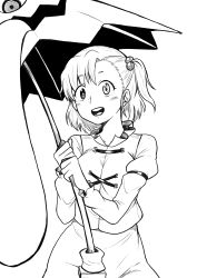 Rule 34 | 1girl, absurdres, blush, greyscale, hair bobbles, hair ornament, heterochromia, highres, himajin noizu, holding, holding umbrella, juliet sleeves, long sleeves, looking at viewer, monochrome, one side up, open mouth, puffy sleeves, short hair, simple background, skirt, solo, tatara kogasa, tongue, touhou, umbrella, white background