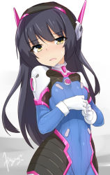 Rule 34 | 10s, 1girl, blush, breasts, cosplay, d.va (overwatch), d.va (overwatch) (cosplay), girls und panzer, gloves, looking at viewer, overwatch, overwatch 1, reizei mako, signature, simple background, small breasts, solo, tilt-shift (azalanz), white background, yellow eyes