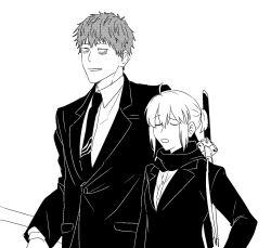 Rule 34 | 1boy, 1girl, bags under eyes, closed eyes, collared shirt, fate/grand order, fate (series), formal, katana, long sleeves, looking at another, necktie, noz 2to, okita souji (fate), okita souji (koha-ace), open mouth, parted lips, saitou hajime (fate), scarf, shirt, short hair, simple background, smile, suit, sword, upper body, weapon, weapon on back