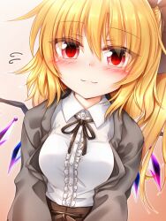 Rule 34 | 1girl, alternate breast size, alternate costume, black ribbon, blonde hair, blush, breasts, cardigan, center frills, closed mouth, collared shirt, flandre scarlet, frills, grey cardigan, hair between eyes, highres, long hair, long sleeves, looking at viewer, marukyuu ameya, medium breasts, multicolored wings, neck ribbon, one side up, red eyes, ribbon, shirt, simple background, solo, touhou, white shirt, wings
