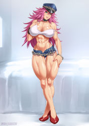 Rule 34 | 1girl, abs, aqua eyes, blue eyes, blue shorts, breasts, capcom, chain, choker, cleavage, collar, crop top, denim, denim shorts, elee0228, female focus, final fight, full body, grey background, hair between eyes, hat, high heels, highres, large breasts, crossed legs, lips, long hair, looking at viewer, messy hair, midriff, muscular, muscular female, nail polish, parted lips, peaked cap, pink hair, poison (final fight), red footwear, shoes, short shorts, shorts, narrow waist, smile, solo, speh, standing, strap slip, street fighter, studded collar, tank top, thick thighs, thigh gap, thighs, toned