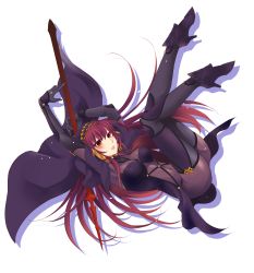 Rule 34 | 1girl, bodysuit, breasts, covered navel, covered erect nipples, fate/grand order, fate (series), gae bolg (fate), highres, long hair, medium breasts, parted lips, polearm, purple bodysuit, purple hair, red eyes, scathach (fate), scathach (fate), shadow, simple background, solo, spear, terai arina, veil, weapon