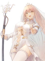 Rule 34 | 1girl, :d, between breasts, blonde hair, breast curtains, breasts, center opening, clothing cutout, cowboy shot, dress, fang, garter straps, hair between eyes, highres, holding, holding staff, large breasts, layered sleeves, long hair, long sleeves, looking at viewer, navel, navel cutout, nijisanji, nui sociere, nui sociere (6th costume), open mouth, simple background, skin fang, smile, solo, staff, thighhighs, tiara, underboob, veil, very long hair, virtual youtuber, white background, white dress, white garter straps, white thighhighs, yellow eyes, yusayusa56561