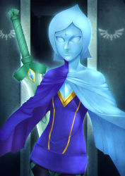 Rule 34 | 1girl, absurdres, blue eyes, blue hair, blue skin, breasts, cape, colored skin, cowboy shot, crystal, fi (zelda), forehead jewel, highres, jacy, master sword, nintendo, pantyhose, small breasts, solo, sword, the legend of zelda, the legend of zelda: skyward sword, upper body, weapon