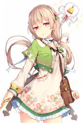 Rule 34 | 1girl, absurdres, arched back, arm at side, bag, breasts, commentary request, cowboy shot, crop top, cropped jacket, detached collar, dress, floral print, frilled dress, frills, green jacket, headdress, highres, jacket, light brown hair, long hair, looking at viewer, magical girl, medium breasts, original, parted lips, pink eyes, ponytail, print dress, solo, staff, tsuchikure, very long hair