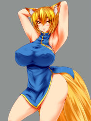 Rule 34 | 1girl, alternate costume, animal ears, armpits, arms behind head, arms up, blonde hair, blue dress, breasts, china dress, chinese clothes, dress, fox ears, fox tail, grey background, highres, large breasts, looking at viewer, multiple tails, parmiria, solo, tail, touhou, yakumo ran, yellow eyes