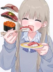 Rule 34 | 1girl, blush, chopsticks, closed eyes, collared shirt, eating, fang, food, grey hair, grey sweater, hamafugu, highres, holding, holding chopsticks, holding plate, long hair, long sleeves, open mouth, original, pink nails, plate, shirt, simple background, skin fang, solo, sparkle, sushi, sweater, twitter suki, upper body, white background, white shirt
