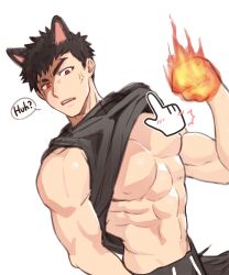 Rule 34 | 1boy, abs, anger vein, animal ears, bara, bare pectorals, black hair, blackkdogg, clenched hand, eyebrow cut, fire, large pectorals, male focus, muscular, muscular male, original, pectorals, red eyes, simple background, thick eyebrows, white background