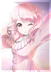 Rule 34 | 10s, 1girl, akata itsuki, bang dream!, commentary request, heart, heart pendant, highres, long hair, long sleeves, looking at viewer, maruyama aya, pink eyes, pink hair, pink sweater, pink theme, ribbed sweater, selfie, sketch, sleeves past wrists, smile, solo, sweater, upper body, w over eye