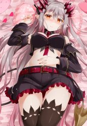 Rule 34 | 1girl, nanashi inc., bare shoulders, between breasts, black skirt, black sleeves, black thighhighs, blush, breasts, closed mouth, cone hair bun, demon tail, detached sleeves, earrings, fuyuno taka, gradient hair, grey hair, hair between eyes, hair bun, hand on own stomach, highres, honey strap, horns, jacket, jewelry, long hair, long sleeves, looking at viewer, lying, medium breasts, multicolored hair, necktie, necktie between breasts, open clothes, open jacket, pillow, pink hair, pleated skirt, pointy ears, shiny skin, sidelocks, skirt, sleeveless, sleeveless jacket, smile, solo, streaked hair, suou patra, tail, thighhighs, very long hair, virtual youtuber, zettai ryouiki