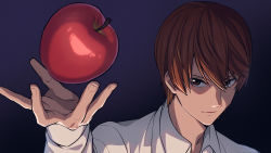 Rule 34 | 1boy, apple, asada hachi, brown eyes, brown hair, closed mouth, collared shirt, commentary, death note, fingernails, floating, floating object, food, fruit, gradient background, hair between eyes, hand up, highres, long sleeves, looking at viewer, male focus, open hand, portrait, purple background, school uniform, shirt, short hair, simple background, smile, solo, spread fingers, white shirt, yagami light