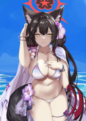 Rule 34 | 1girl, animal ear fluff, animal ears, arm up, bead bracelet, beads, bikini, black hair, blazingchaos, blue archive, blue sky, bracelet, breasts, cleavage, closed mouth, collarbone, colored tips, day, flower, fox ears, fox girl, fox tail, hair flower, hair ornament, halo, highres, jewelry, large breasts, light smile, long hair, looking at viewer, low twintails, multicolored hair, navel, ocean, outdoors, pink flower, purple flower, red hair, sky, solo, stomach, streaked hair, swimsuit, tail, thighs, twintails, very long hair, wakamo (blue archive), wakamo (swimsuit) (blue archive), white bikini, yellow eyes