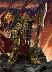 Rule 34 | absurdres, adeptus custodes, armor, cloak, commission, constantin valdor, feathers, gauntlets, halberd, highres, holding, holding polearm, holding weapon, kkghost tv, polearm, power armor, red cloak, sky, solo, warhammer 40k, weapon