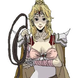 Rule 34 | 1990s (style), 1girl, blonde hair, bridal gauntlets, cape, earrings, female focus, final fantasy, final fantasy iv, green eyes, jewelry, leotard, long hair, lowres, retro artstyle, rika (artist), rosa farrell, shoulder pads, simple background, solo, tiara, whip, white background