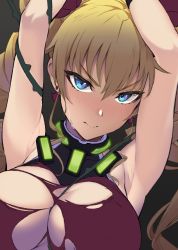 Rule 34 | 1girl, armpits, arms up, blonde hair, blue eyes, blush, breasts, claire harvey, closed mouth, collar, earrings, grey background, hair between eyes, highres, hundred (light novel), jewelry, large breasts, long hair, looking at viewer, ookuma nekosuke, restrained, solo, tears, torn clothes, twintails, v-shaped eyebrows