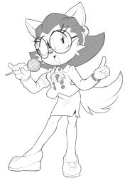 Rule 34 | 1girl, absurdres, animal ears, animal nose, body fur, breasts, brooch, buttons, commission, earrings, female focus, full body, furrification, furry, furry female, glasses, greyscale, hands up, highres, holding, holding microphone, index finger raised, jacket, jewelry, legs, lineart, long sleeves, looking at viewer, mega man (series), mega man legends (series), microphone, miniskirt, monochrome, open mouth, pencil skirt, pinky out, rockthebull, round eyewear, shoes, short hair, side slit, simple background, skirt, small breasts, solo, sonic (series), standing, tail, tron bonne (mega man), white background