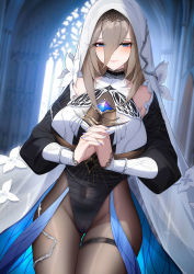 Rule 34 | 1girl, absurdres, aponia (honkai impact), benghuai xueyuan, black leotard, black pantyhose, black sleeves, blue eyes, blue nails, breasts, brown hair, cameltoe, chinese commentary, closed mouth, commentary request, covered navel, detached sleeves, eyes visible through hair, hair between eyes, highleg, highleg leotard, highres, honkai (series), honkai impact 3rd, huge breasts, indoors, interlocked fingers, leotard, long bangs, looking at viewer, mole, mole under eye, nail polish, nun, own hands together, pantyhose, see-through, smile, solo, standing, thigh strap, thighs, veil, wu ganlan cai