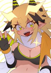 Rule 34 | 1girl, black gloves, black hair, black sports bra, blonde hair, borrowed character, breasts, cleavage, commentary request, fingerless gloves, g tsurius, gloves, green eyes, hand up, highres, horns, large breasts, multicolored hair, original, pointy ears, scarf, solo, sports bra, two-tone hair, upper body, white scarf, wings