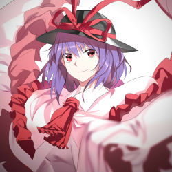 Rule 34 | 1girl, ascot, bad id, bad pixiv id, bow, capelet, frills, hat, hat bow, hat ribbon, highres, light smile, looking at viewer, nagae iku, nakamura rohane, purple hair, red eyes, ribbon, solo, touhou, upper body
