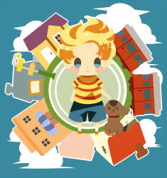 Rule 34 | 1boy, arms at sides, blonde hair, blue background, blue eyes, blue shorts, blush stickers, boney, boxcar, brown dog, closed mouth, cloud, full body, hitofutarai, house, looking at viewer, lucas (mother 3), male focus, mother (game), mother 3, nintendo, road sign, shirt, shorts, sign, solid oval eyes, solo, striped clothes, striped shirt