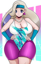 Rule 34 | 1girl, absurdres, blue eyes, breasts, cleavage, creatures (company), curvy, earrings, female focus, game freak, hands on own hips, highres, huge breasts, jewelry, leotard, long hair, looking at viewer, mature female, melony (pokemon), necklace, nintendo, pearl necklace, pokemon, pokemon swsh, solo, sonson-sensei, thick thighs, thighs, wide hips, workout clothes