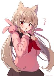 Rule 34 | &gt; &lt;, 1girl, :o, animal ears, black sailor collar, black skirt, blush, cat ears, commentary request, hair ornament, hands up, highres, light brown hair, long hair, long sleeves, looking at viewer, low twintails, natori sana, neckerchief, open mouth, pink sweater, pleated skirt, rabbit hair ornament, red eyes, red neckerchief, sailor collar, sana channel, school uniform, serafuku, simple background, skirt, sleeves past wrists, solo, sweatdrop, sweater, twintails, umetoumeto, v-shaped eyebrows, very long hair, virtual youtuber, white background