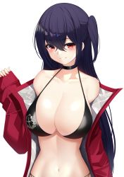 Rule 34 | 1girl, azur lane, bad id, bad pixiv id, bare shoulders, bikini, black bikini, black choker, black hair, breasts, choker, cleavage, collarbone, grin, hair between eyes, halterneck, halterneck, highres, jacket, large breasts, long hair, looking at viewer, maemi (maemi12), navel, off shoulder, official alternate costume, one side up, open clothes, open jacket, race queen, red eyes, red jacket, revision, simple background, smile, solo, stomach, string bikini, swimsuit, taihou (azur lane), taihou (enraptured companion) (azur lane), upper body, white background