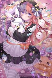 Rule 34 | 1girl, absurdres, animal, apron, asymmetrical legwear, bandaged arm, bandaged leg, bandages, bat (animal), blush, boots, bow, cake, candy, checkered background, chibana sora, choker, collared dress, commentary, cross, cross-laced footwear, crossed arms, cupcake, dessert, detached sleeves, dress, eyepatch, facial mark, fake horns, food, frilled apron, frilled dress, frilled shirt collar, frills, ghost, hair bow, halloween, heart, highres, horns, jack-o&#039;-lantern, lace-up boots, lollipop, long hair, long sleeves, looking at viewer, macaron, medical eyepatch, multicolored hair, original, pumpkin, purple eyes, purple hair, rabbit, rainbow, red hair, sleeves past fingers, sleeves past wrists, solo, sparkle, split-color hair, sprinkles, star (symbol), striped bow, striped clothes, striped thighhighs, sweets, thighhighs, tiered tray, two-tone hair, two side up, very long hair, wrapped candy