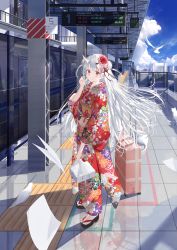 Rule 34 | 1girl, absurdres, bag, bento, bird, blue sky, building, city, clock, closed mouth, cloud, commentary request, daitai sotogawa (futomomo), day, fence, floral print, flower, geta, hair flower, hair ornament, highres, holding, holding bag, hololive, horns, japanese clothes, kimono, looking at viewer, luggage, nakiri ayame, print kimono, red eyes, red kimono, reflection, reflective floor, rolling suitcase, seagull, sky, smile, solo, standing, suitcase, train, train station, virtual youtuber, white bird, white hair, window, yukata