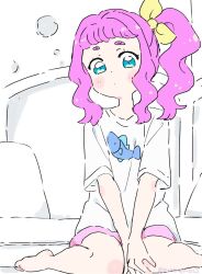 Rule 34 | 1girl, aqua eyes, blush stickers, commentary, edamame (mamemo23), highres, laura la mer, long hair, on bed, pink hair, pink shorts, precure, shirt, short bangs, shorts, side ponytail, sitting, solo, t-shirt, thick eyebrows, tropical-rouge! precure, wariza, white shirt