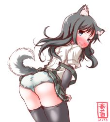 Rule 34 | 10s, 1girl, animal ears, arm warmers, asashio (kancolle), ass, black hair, black thighhighs, blue eyes, blush, dated, dog ears, dog tail, dress shirt, highres, kanon (kurogane knights), kantai collection, long hair, looking back, open mouth, pleated skirt, school uniform, shirt, simple background, skirt, solo, suspenders, tail, thighhighs