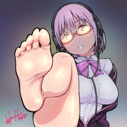 Rule 34 | 10s, 1girl, artist request, barefoot, blush, breasts, feet, female focus, foot focus, from below, glasses, gridman universe, headphones, hori shin, large breasts, leg up, light purple hair, looking at viewer, parted lips, pink eyes, pov, shinjou akane, soles, solo, ssss.gridman, toes