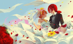Rule 34 | 10s, 2girls, absurdres, bamboo nima, blazer, blurry, bouquet, bridal veil, bride, brown hair, carrying, crossdressing, depth of field, dress, earrings, embarrassed, closed eyes, flower, gloves, groom, highres, hoshizora rin, light particles, light rays, looking at another, love live!, love live! school idol project, love wing bell, multiple girls, nishikino maki, open mouth, orange hair, petals, pleated skirt, princess carry, purple eyes, red eyes, red flower, red hair, school uniform, short hair, skirt, smile, stairs, sunset, tuxedo, veil, wedding dress, white gloves, wife and wife, yellow eyes, yellow flower, yuri