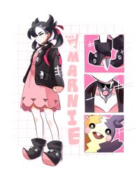 Rule 34 | 1girl, ankle boots, asymmetrical bangs, black choker, black footwear, black hair, black jacket, boots, character name, choker, clenched hand, commentary, creatures (company), dress, game freak, gen 8 pokemon, green eyes, hair ribbon, highres, jacket, marnie (marnielovesyou), marnie (pokemon), morpeko, morpeko (full), nintendo, open clothes, open jacket, pink dress, pokemon, pokemon (creature), pokemon swsh, ribbon, sparkle, standing