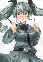 Rule 34 | 10s, 1girl, anchovy (girls und panzer), black necktie, black shirt, blouse, blush, breasts, brown eyes, collared shirt, cowboy shot, drill hair, girls und panzer, green hair, hair ribbon, holding, holding riding crop, large breasts, military, military uniform, necktie, ribbon, riding crop, scowl, shirt, sneer, solo, tearing up, twin drills, uniform, v-shaped eyebrows, yohane